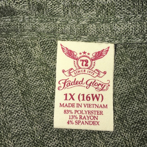 Faded Glory Green Top V-Neck Ribbed 1X 16W fits 2X - Picture 2 of 2